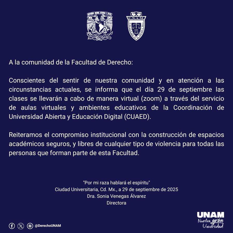 Comunicado de la Directora de <a href="/DerechoUNAMmx/">Facultad de Derecho</a> <a href="/sovnegas/">Sonia Venegas Álvarez</a> <a href="/UNAM_MX/">UNAM</a>