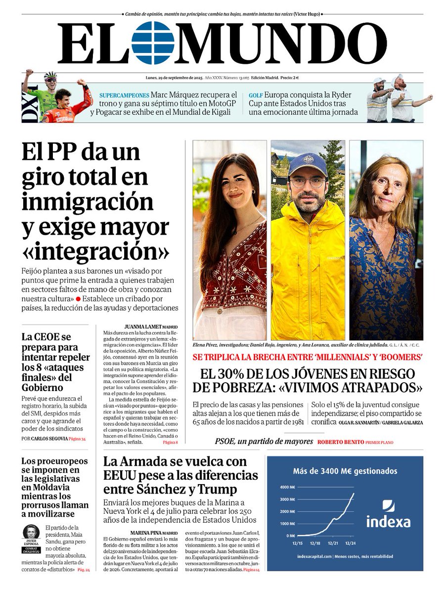 📰 #Portada de <a href="/elmundoes/">EL MUNDO</a> de hoy, 29 de septiembre 👉 El PP da un giro total en inmigración y exige mayor "integración"