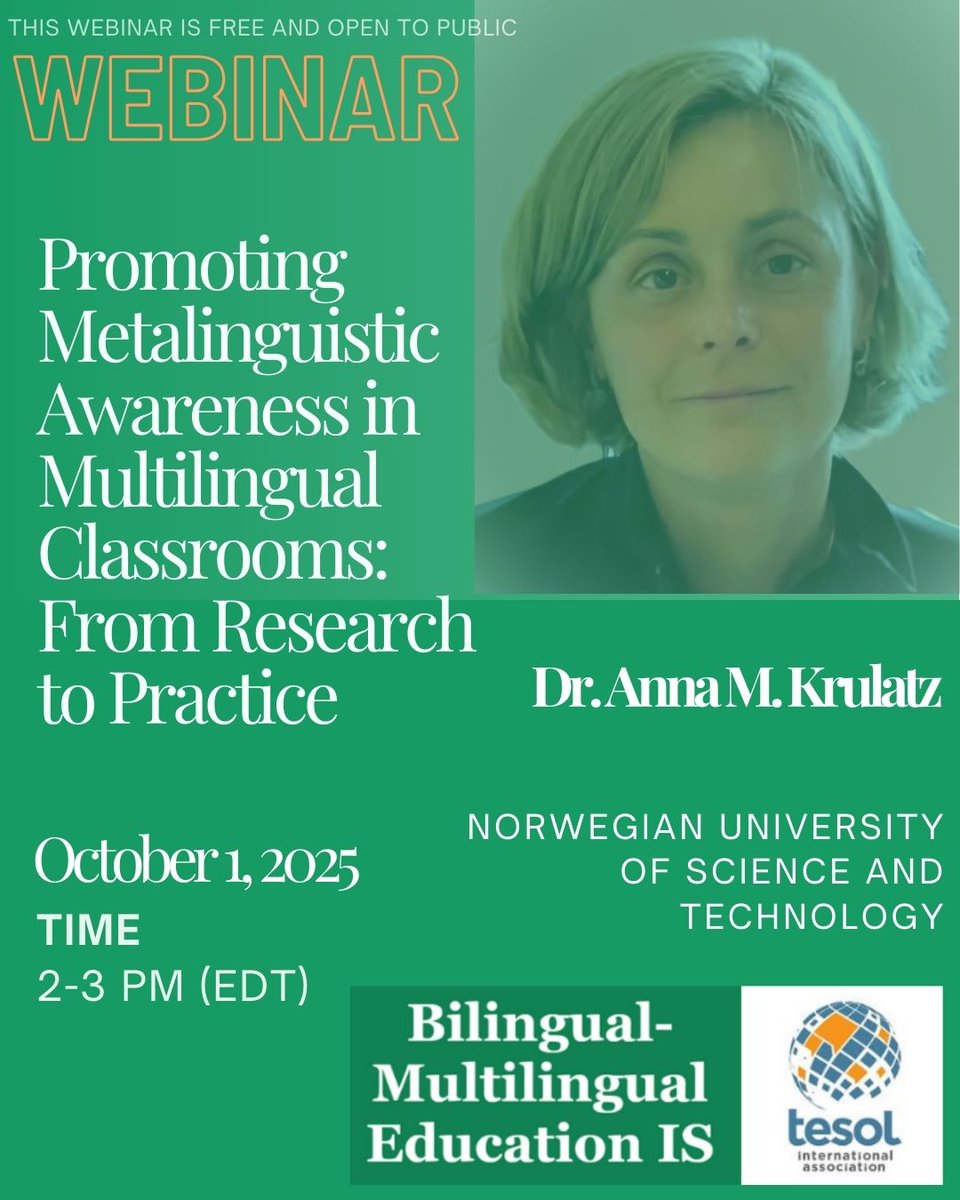 TESOLBiMulti's tweet image. Join us for Promoting Metalinguistic Awareness in Multilingual Classrooms: From Research to Practice with Dr. Anna M. Krulatz (NTNU, Norway).
👉 Register here: my.tesol.org/networks/event…

#TESOL #MultilingualEducation #MetalinguisticAwareness #LanguageTeaching #BilingualEducation