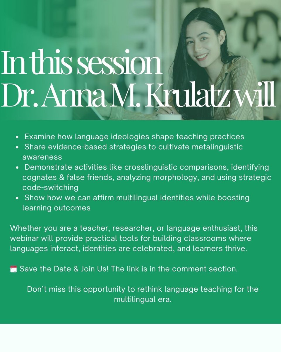 TESOLBiMulti's tweet image. Join us for Promoting Metalinguistic Awareness in Multilingual Classrooms: From Research to Practice with Dr. Anna M. Krulatz (NTNU, Norway).
👉 Register here: my.tesol.org/networks/event…

#TESOL #MultilingualEducation #MetalinguisticAwareness #LanguageTeaching #BilingualEducation