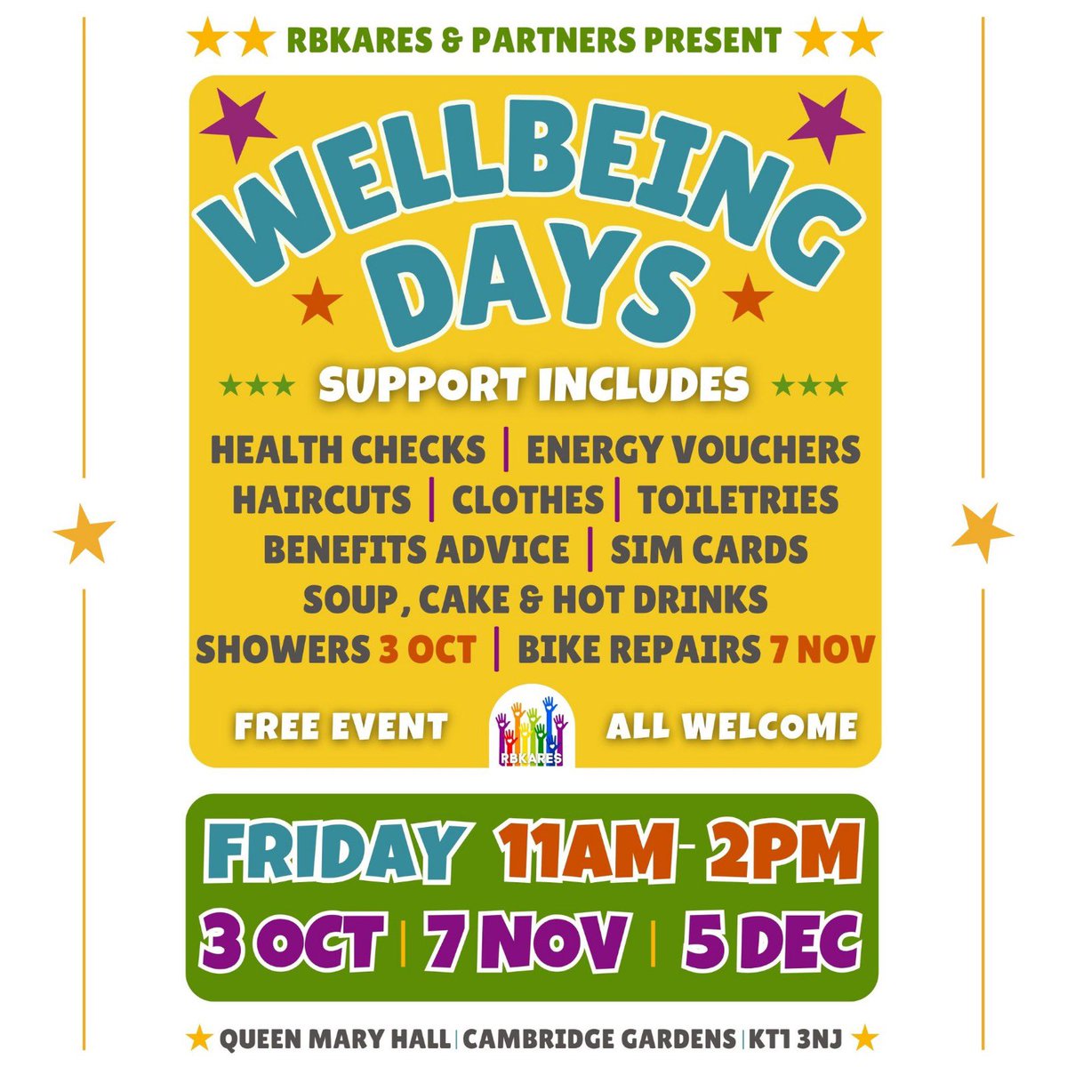 Our next Wellbeing day is this coming Fri 3/10
As well as all the services that normally attend to support local residents there will also be private showers provided by <a href="/showerboxldn/">showerboxldn</a> available at the <a href="/kcahtweets/">Kingston Churches Action on Homelessness</a> car park KT2 6 QL and Shower gel, shampoo &amp; towels will be provided