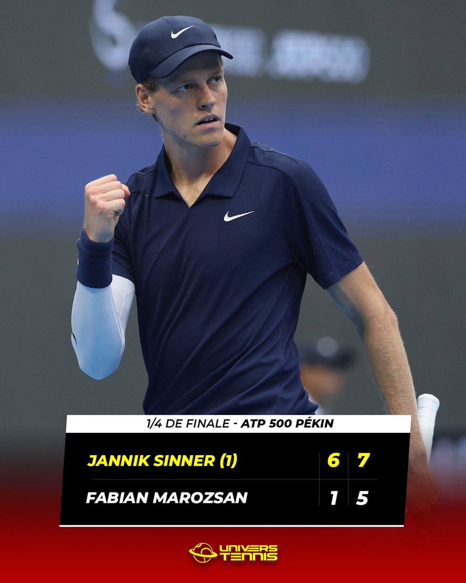 SINNER EN DEMI-FINALES 🇮🇹

Breaké à 4-4 dans le deuxième set, Jannik Sinner remporte les trois derniers jeux et se qualifie pour le dernier carré au tournoi ATP 500 de Pékin.

Le n°2 mondial décroche sa 40e victoire de la saison en 45 matchs. ⭐️