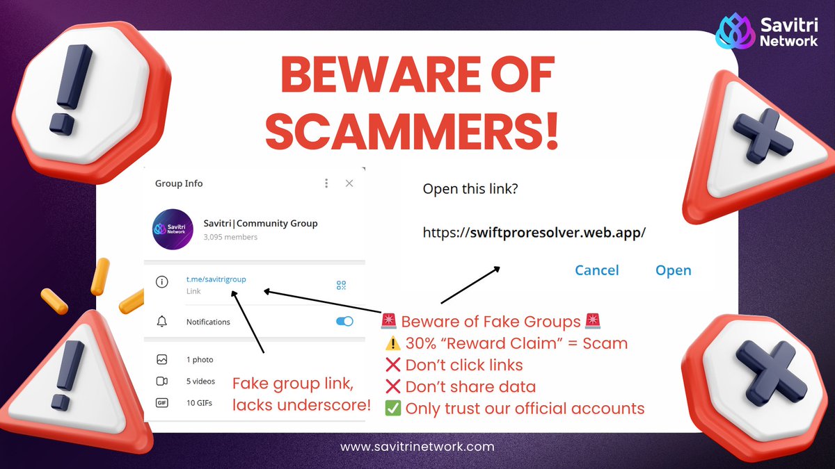 Savitri_Net's tweet image. 🚨 Scam Alert 🚨

Some fake groups are pretending to be Savitri Network on TG and ask for your seed phrase to “claim $SAVI”. ⚠️

👉 We will NEVER ask your private data. Tokens are sent automatically after purchase.

✅ Trust ONLY links on savitrinetwork.com

🔗 Official TG:…