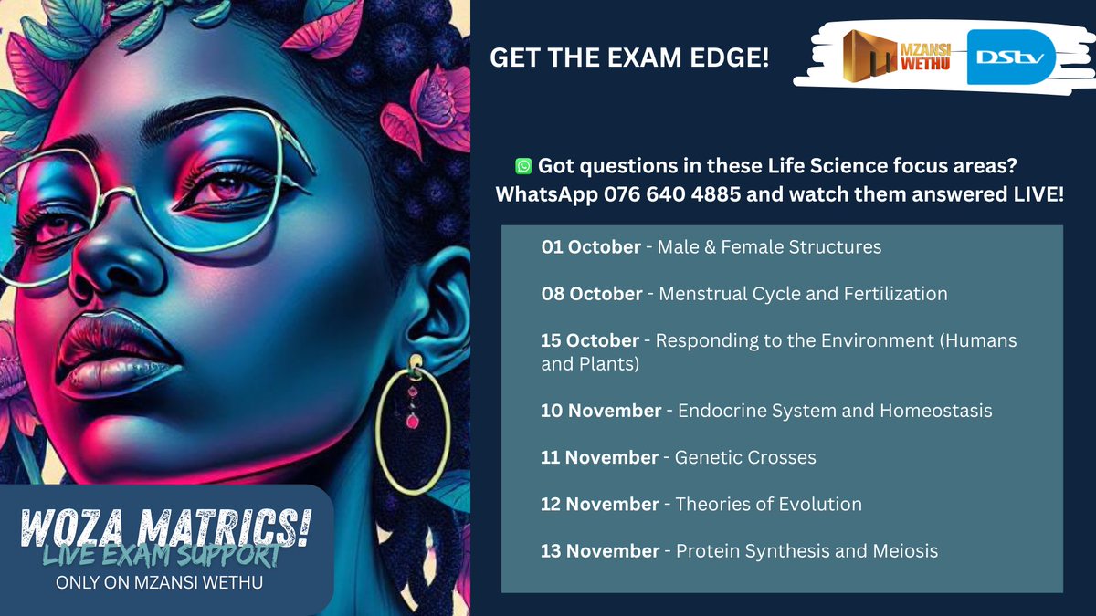 TV: 

DStv Helps Matriculants

The broadcaster is offering students live matric exam support via WhatsApp and Mzansi Wethu (Ch 163).

Matriculants to receive daily live exam revision from today, 29 September.

The TV channel will be the go-to spot for live exam revision, tips,