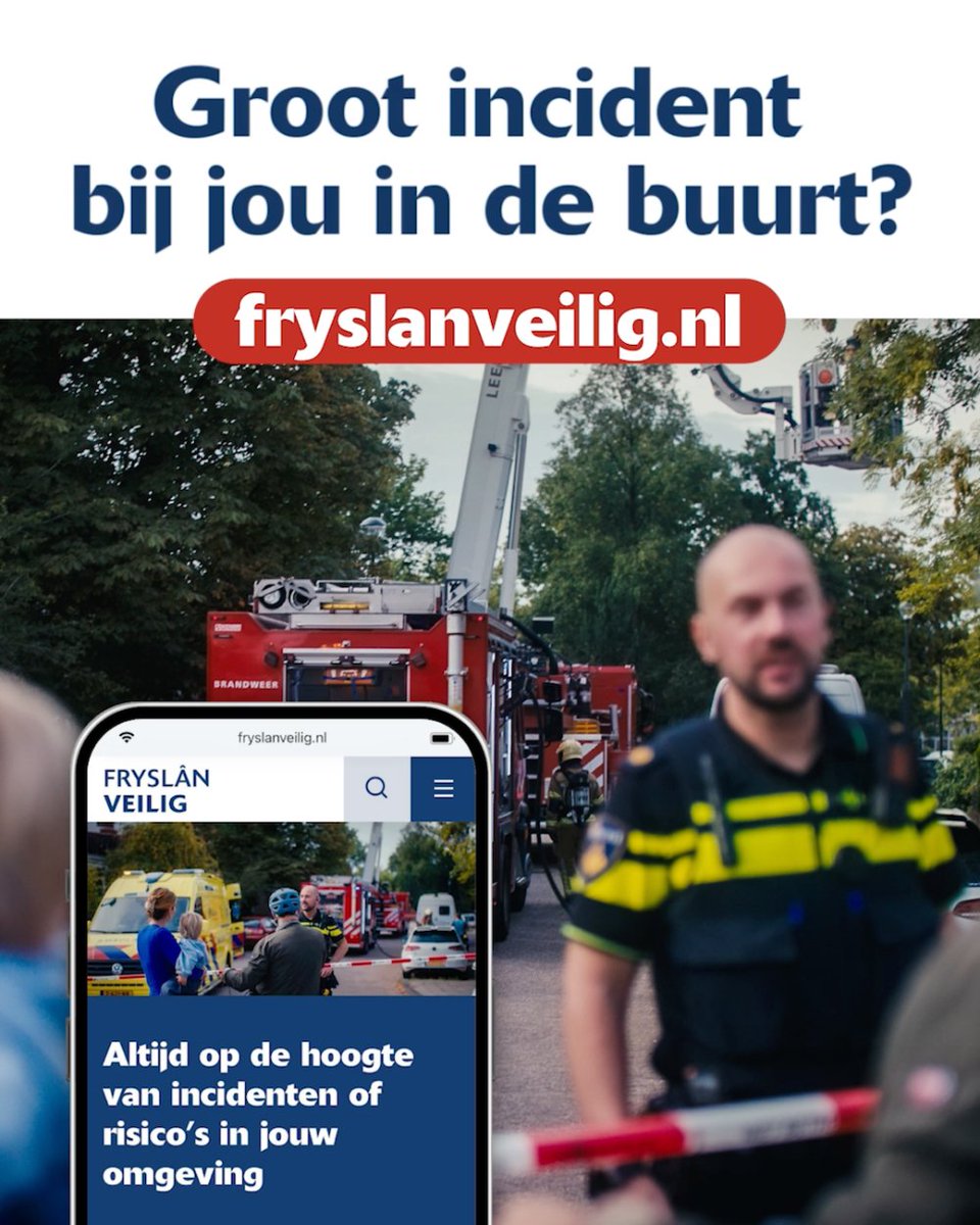 Groot incident bij jou in de buurt? Kijk op fryslanveilig.nl voor:

✅ Actuele updates bij grote incidenten
✅ Adviezen wat je zelf kunt doen
✅ Informatie over risico’s in Fryslân

#FryslanVeilig #VeiligFryslan #SamenVeilig #Incident  #BlijfVeilig
