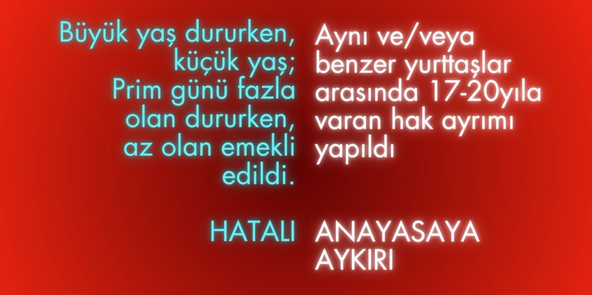 EylemZengin_'s tweet photo. Sayın @alibabacan
@devapartisi

Yaklaşık 3 yıldır,
devlete en istikrarlı prim ödemiş olan, 4.5Milyon kayıtlı çalışan HATAlı, ANAYASAya aykırı ve kabul edilemez bir haksızlığa uğratılıyor.

Bahsigeçen 7438 nolu yasa ile;
08.09.1999 işe giriş miladı olarak kabul edilip;
yaş ve prim önceliğine bakılmadan, 5975 prim gününü tamamladıkça çalışanlar 38-43 yaş itibariyle emekli edilmeye devam edilirken,

SADECE 1GÜN SONRA                 
09.09.1999 ve sonrası SGK lı 
aynı ya da büyük yaş, ve veya aynı ya da daha fazla gün prim ödemiş olmasınrağmen 58-60 yaşa bekletiliyor.

Sadece bu da değil,  2025 Başı itibariyle e-devlette görünen, henüz teslim edilmemiş hak-ediş maaşları %30 oranında düşürüldü.

Hak arayanlara
-OVP
-Aktüeryal denge
-Henüz gerçekleşmemiş, düşmesi umut edilen enflasyon
-Haftalık çalışma saatleri, çalışma koşulları, çalışan hakları, aktif çalışma sonrası ortalama yaşam süresi ve belli bir yaş sonrası iş güvencesi istatistiklerinde yanına yaklaşılamayacak Avrupa ülkelerinin, SADECE emeklilik yaşı örnek alınıp,
mazeret olarak gösteriliyor.

-Kamuda tasarrufa gidilmiyor...Emekçinin hakkından tasarruf ediliyor.

ANAYASA maddeleri ve Anayasa mahkemesi kararları, nasılsın Emsal ve ilk ağızdan beyanlara rağmen açıkça ihlal ediliyor.

Bedeli primlerle peşin ödenen emeklilikten lütuf gibi bahsediliyor.

SİYASET ÜSTÜ BU KONUDA;
Mantık, matematik ve hukuk dışı 7438 Sayılı Emeklilik Yasasının düzeltilmesi ve hak kayıplarının tazmini konusunda desteklerinizin devamı için çok teşekkür ederiz.

#kademegaspedilemez
@zeynep_sudan
@ABurcinYereli
@IhsanMerdanoglu
@busrasakinmaz
@elifesendeva
@avertugrulkaya
@hasankaraltr
@avidrissahin
@irfankaratutlu1
@keremaltun65
@medeniylmz
@emin_ekmen
@av_msbasaran
@erginsadullah
@sadullahkisacik
@KaracaSeyit
@yakupengin
@avyusufturkmen