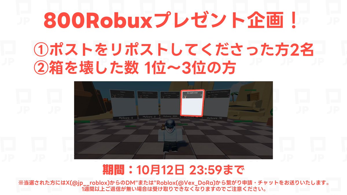 jp__roblox's tweet image. ◤総額4,000Robuxをプレゼント!🎁◢
ゲーム公開を記念してプレゼント企画を行います!
🎁賞品
800 Robux(5名様)
✅参加方法
①このポストをリポスト(2名様)
②ゲーム内で箱を壊し1位~3位に入る
📅期間
10月12日 23:59まで
🎮壊して育つ!
roblox.com/ja/games/14049…
#Roblox #ロブロックス