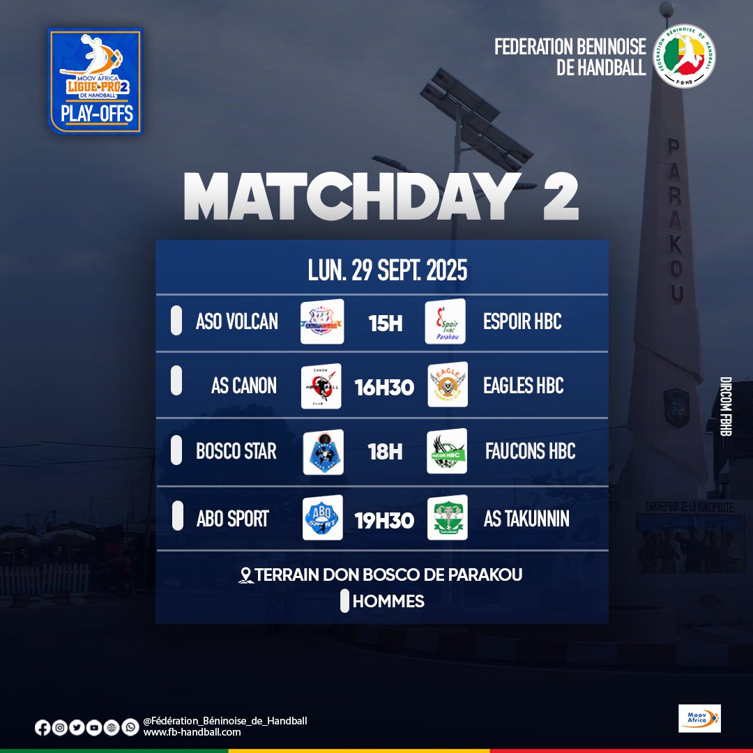 𝗣𝗟𝗔𝗬𝗢𝗙𝗙𝗦 𝗠𝗢𝗢𝗩 𝗔𝗙𝗥𝗜𝗖𝗔 𝗟𝗜𝗚𝗨𝗘 𝗣𝗥𝗢 𝟮 𝟮𝟬𝟮𝟱

JOUR 2

Quatre affiches au programme, et chaque point va compter dans la bataille, 

➡️ 15h : ASO Volcan - Espoir HBC
➡️ 16h30 : Canon - Eagles HBC
➡️ 18h : Bosco Star- Faucons HBC
➡️19h30 : Abo Sport -Takunnin