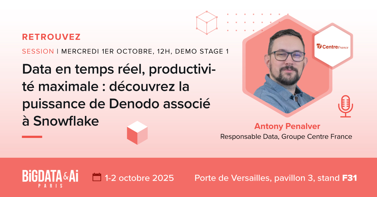 denodo's tweet image. Plus vite, mieux, avec moins : découvrez comment Antony Penalver (@CentreFrance) a bâti un #dataware virtuel avec #Denodo + @Snowflake. Données multi-sources en temps réel, et gouvernance renforcée.
📅 1er oct. 12h | @bigdataparis stand F31 : okt.to/deDk1O

#BDAIP25 #IA