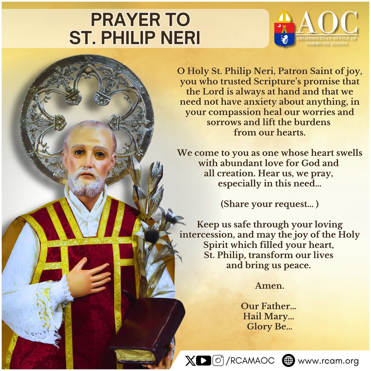 rcamaoc's tweet image. PRAYER TO ST. PHILIP NERI

#RCAM #AOC
#ArchdioceseOfManila
#CatholicChurch
#SaintPhilipNeri