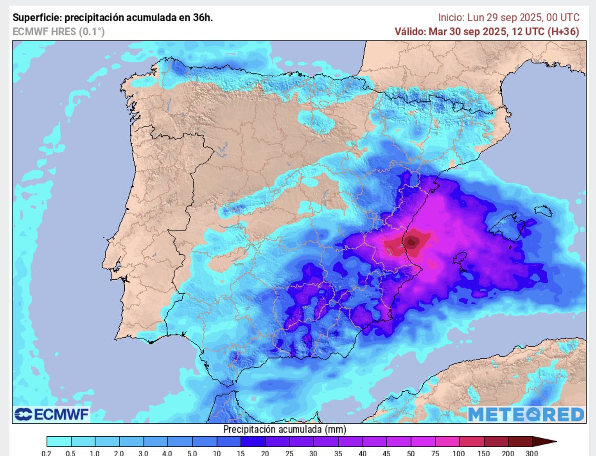 Último mapa previsto de precipitación acumulada entre la pasada madrugada y mañana a mediodía. Día muy complicado sobre todo en la Comunidad Valenciana. Atención a avisos y alertas.