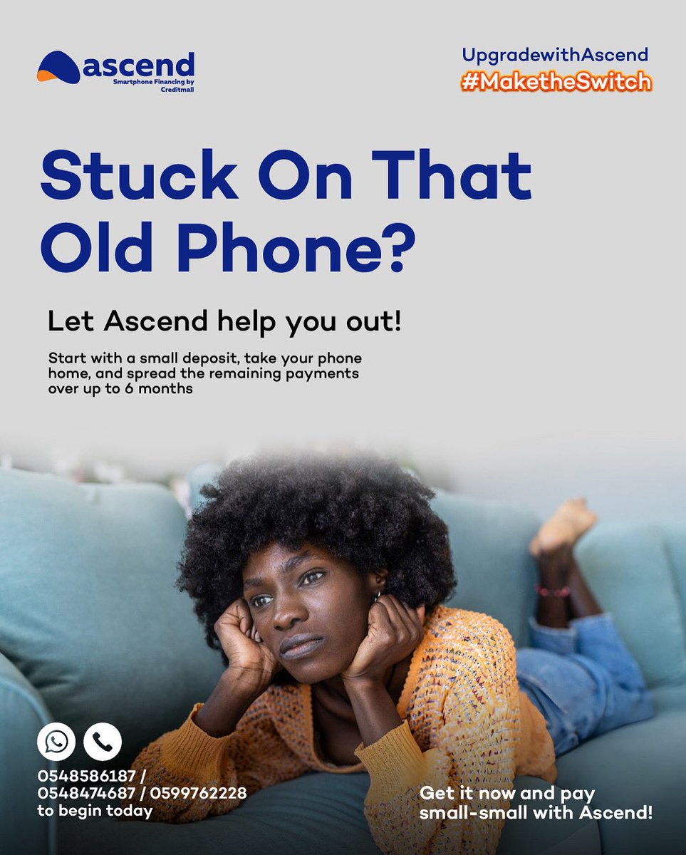 ascendghana's tweet photo. Stuck on that old phone?
Let Ascend help you upgrade—without the stress! 
✅ Minimal downpayment
✅ Smooth monthly payments
✅ Brand new, sealed phones

Why wait? Your dream phone is just a call away. 🚀
📞 0548586187

#upgradewithascend #smartphonefinancing #ascendghana https://t.co/nHBxeKekXN