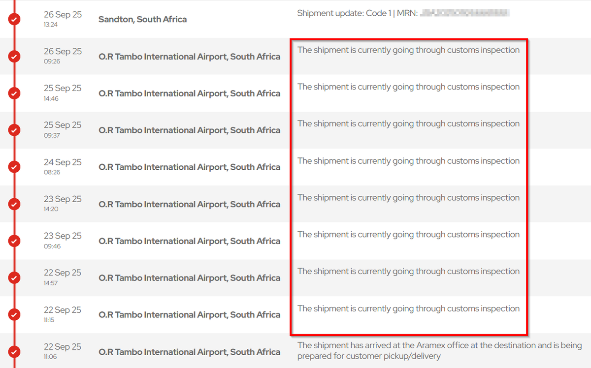 retiefdv's tweet photo. @sarstax How is something like this even possible? This is a process that should take a few minutes and not 5 days! I thought you installed a multi-million Rand new automated Customs processing system! https://t.co/xlY26XaaT0