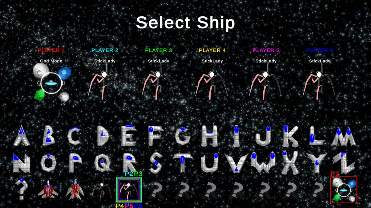 No, this is not a name entry screen--it's my character select screen.

Just finished day 19 of my short-term game, Asteroid Survivors.  I have all the '* Survivors' gameplay mechanics in, and I've implemented 30 playable ships and 30 weapons (+evolutions).  Next up: levels...