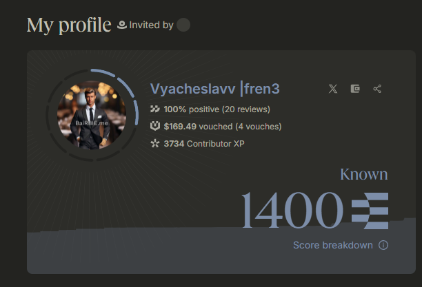 1400 Known 🏆 on Ethos!
My profile is growing, and I thank you for your feedback, vouching, and friendly support from the community.
I'm not stopping, I'm moving on.
#Ethos #web3 #score 🚀