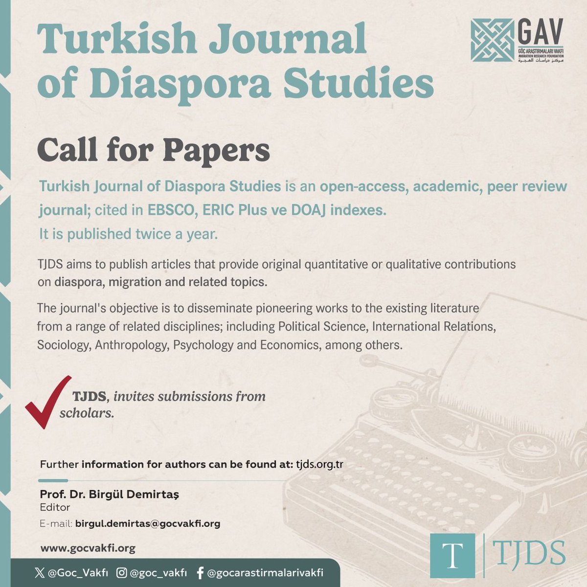 tjds1's tweet photo. 📢 Call for Papers | TJDS 2026

TJDS, is now welcoming submissions for its 2026 issues. Peer-reviewed &amp; open access, TJDS welcomes research articles &amp; book reviews on migration and diaspora.

🔗 More: https://t.co/c4UYuzL3j5 https://t.co/KaU8S8bd2X