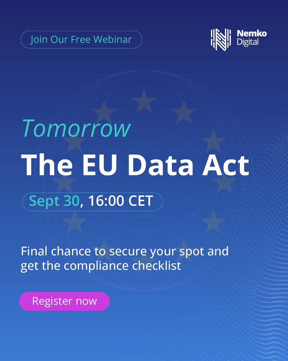 DigitalNemko's tweet image. 🚨 Happening Tomorrow!

The EU Data Act Webinar goes live on Sept 30 at 16:00 CET.

Don’t miss out on expert insights to protect your business!
👉 Register now: digital.nemko.com/eu-data-act-we…

#EUDataAct #Webinar #IoT #DataCompliance #NemkoDigital