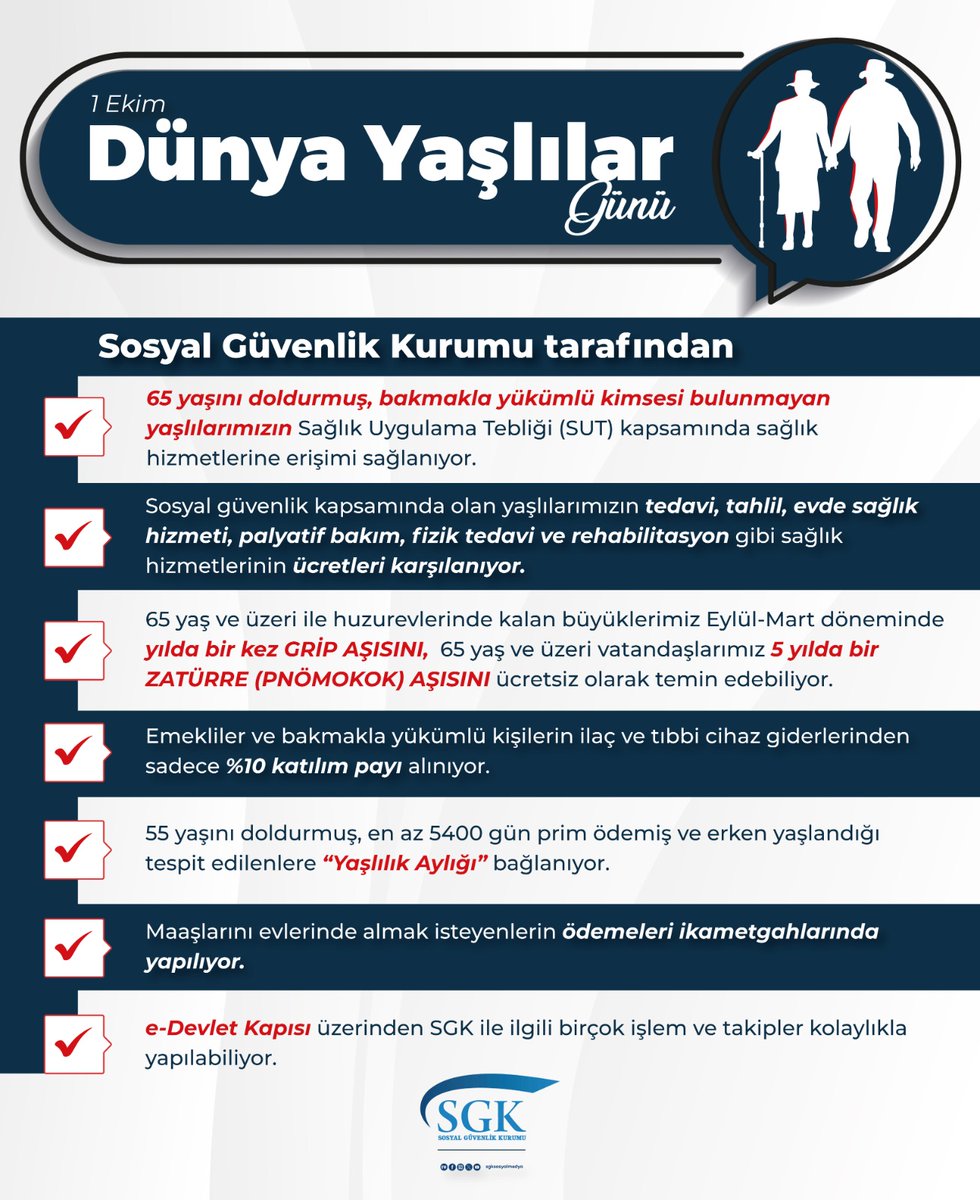 Sosyal Güvenlik Kurumu olarak, kıymetli büyüklerimizin yaşamlarının her anında yanındayız.

Emeklilikten sağlığa, ilaç temininden sağlık hizmetlerine, maaş ödemelerinden sosyal haklara kadar birçok alanda hizmet sunarak, huzurlu ve güvenli bir yaşam sürmeleri için çalışıyoruz.

1