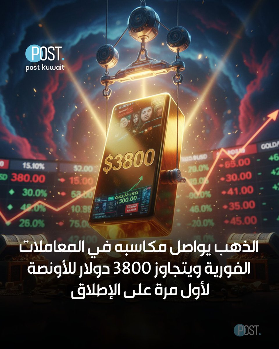 #بوست | #الكويت | #الذهب يواصل مكاسبه في المعاملات الفورية ويتجاوز 3800 دولار للأونصة لأول مرة على الإطلاق