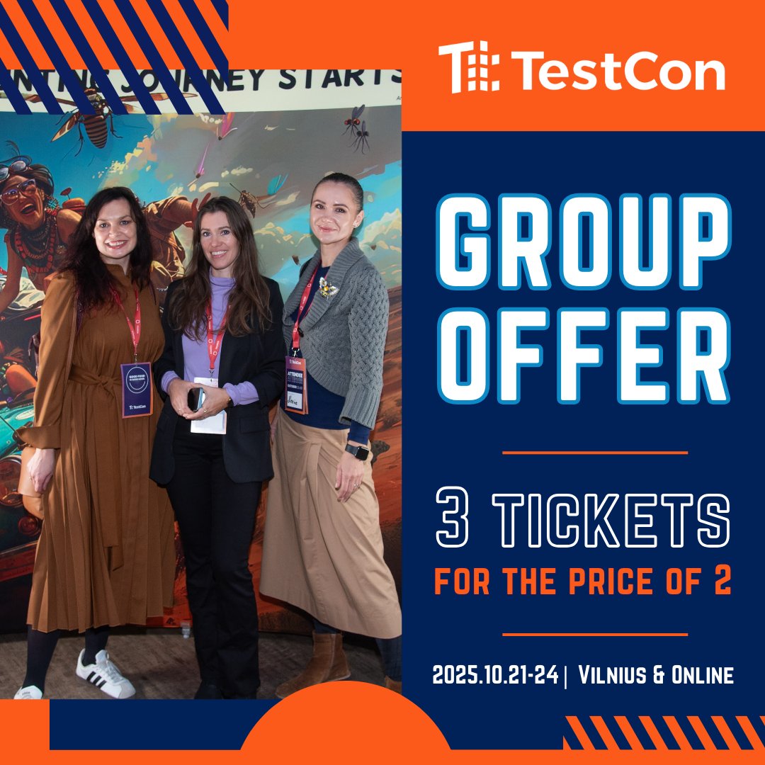 TestCon Europe (@testconeurope) on Twitter photo Bring your team and make learning a force multiplier.
Group offer: 3-for-2 tickets to TestCon Europe 2025.
Oct 21–24 • Vilnius & Online.
Bring the team. Learn faster. 
Register: testcon.lt Bring your team and make learning a force multiplier.
Group offer: 3-for-2 tickets to TestCon Europe 2025.
Oct 21–24 • Vilnius & Online.
Bring the team. Learn faster. 
Register: testcon.lt