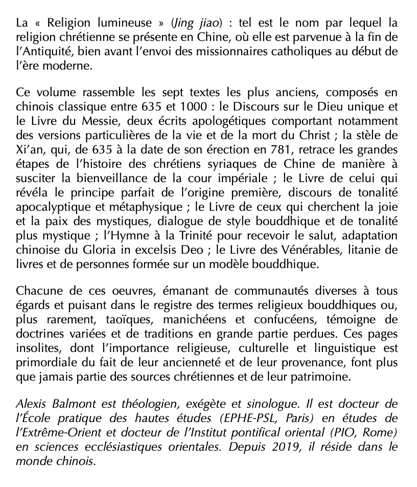 Alexis Balmont (ed.) - Textes chrétiens chinois

À paraître en octobre chez Sources chrétiennes