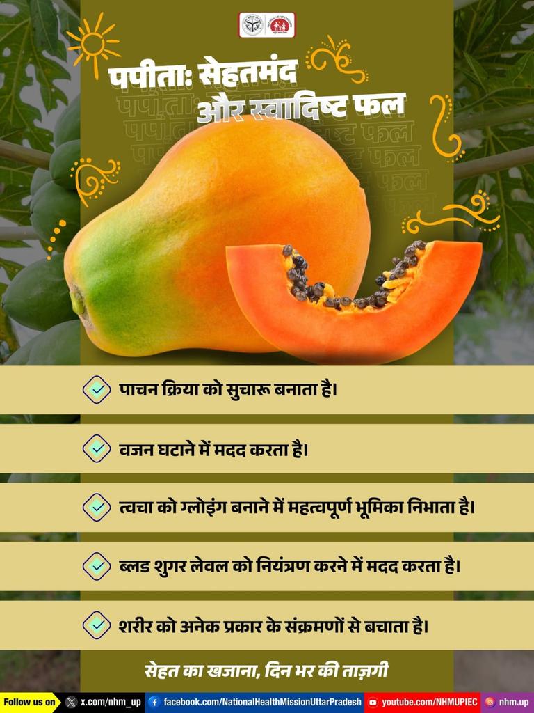 nhm_up's tweet image. 🥭 पपीता एक स्वादिष्ट और साथ ही सेहतमंद फल है, यह शरीर को ऊर्जा ⚡, ताक़त 💪 और फिटनेस 🏃‍♂️ प्रदान करता है। नियमित पपीता खाएँ 🍽️ और स्वस्थ, सक्रिय रहें 🌿।
Papaya| HealthyFruit| DigestionCare| HeartHealth| ImmunityBooster
#PapayaBenefits #HealthyEating #Nutrition #StayFit…