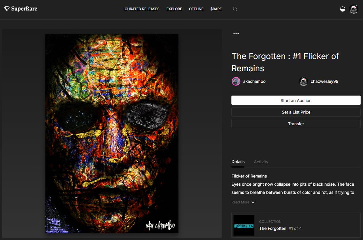 I am very proud to have collected my first artwork on <a href="/SuperRare/">SuperRare</a> 

The Forgotten : #1 Flicker of Remains
by <a href="/akachambo/">A͓̽K͓̽A͓̽ ͓̽C͓̽h͓̽A͓̽m͓̽B͓̽o͓̽™</a> 

"Time doesn’t stop when the heart does."
“What you leave behind doesn’t wait - it devours.”
-- AKA Chambo

Check out the available works 👇
