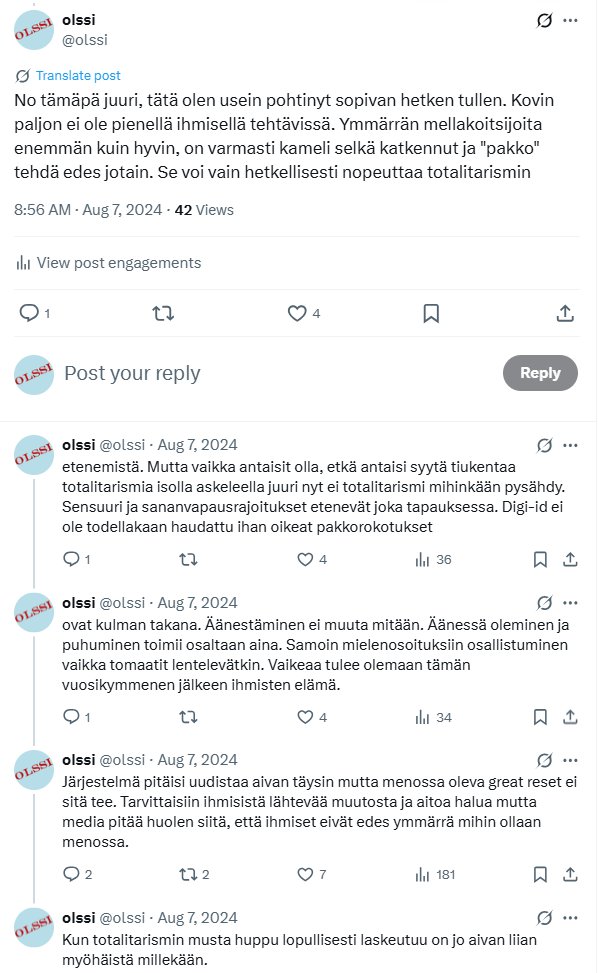 Jotenkin surullista seurata helposti ennustettavaa totalitarismin kehittymistä samalla, kun ihmiset pitävät itsensä kiireisinä meille kuulumattomilla muiden asioilla. Digi-ID hankkeet ovat Suomessakin niin pitkällä, ettei enää vaadita paljoa täyteen digi-dystopiaan siirtymiseksi.