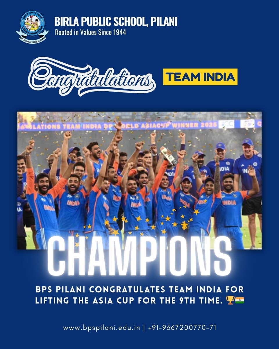 🏏🇮🇳 Congratulations Team India! 🎉

Birla Public School, Pilani extends heartfelt congratulations to Team India for lifting the Asia Cup for the 9th time. 🏆

With an outstanding performance, India defeated Pakistan by 5 wickets.

#bpspilani #betpilani #AsiaCup2025 #Champion9