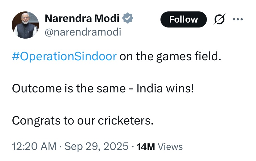 urvish2020's tweet image. The PM equates Operation Sindoor with a cricket match. 
And gets away with it. 
#NewIndia