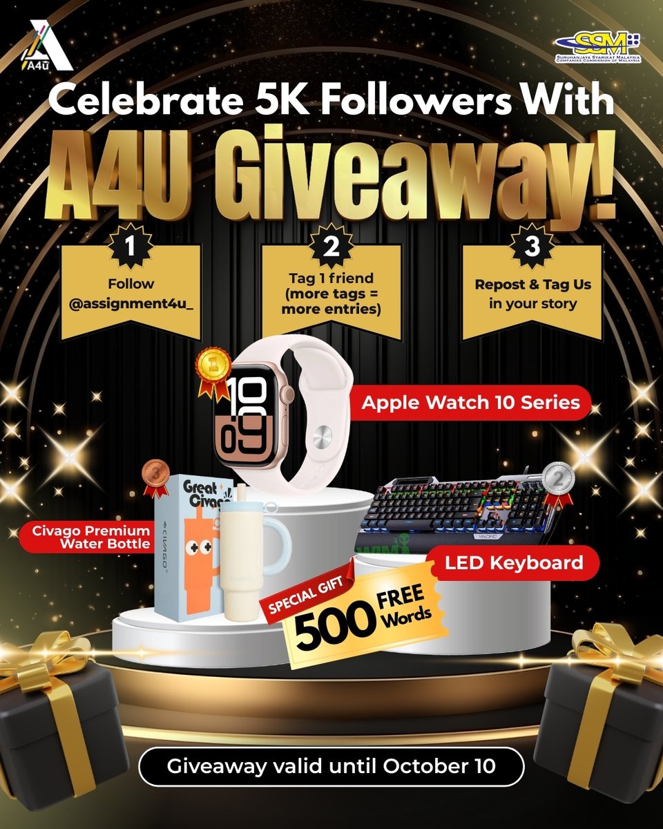 assignment4u_'s tweet image. We’ve just hit 5K followers on IG! THANK YOU for the love &amp;amp; support! 🥳

To celebrate, we’re giving away BIG prizes:
🥇 1st Prize: Apple Watch
🥈 2nd Prize: LED Keyboard
🥉 3rd Prize: Premium Water Bottle
✨ Special Prize: FREE 500 words for your thesis/assignment (perfect for…