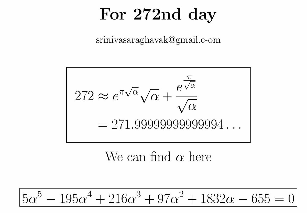 For the 272nd day of the year, we encounter this curious mathematical representation for the number 272 through the exponential function and a quintic equation.
#Math #today