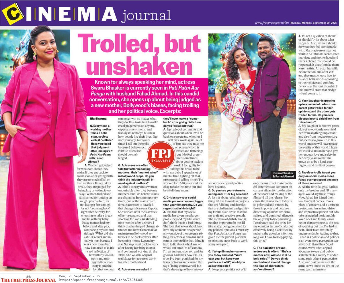 fpjindia's tweet image. Swara Bhasker: 'I'd Like To Stop Being Punished For My Political Opinions' - EXCLUSIVE
By @RiaSharma1125
#SwaraBhasker #FahadAhmad @ReallySwara
freepressjournal.in/entertainment/…