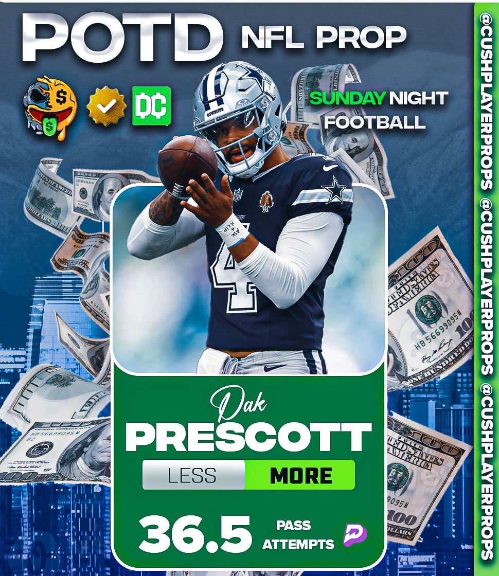 CushPlayerProps's tweet image. Dak Prescott “O” 36.5 PA✅

Overtime CASH!💰

2/2 on POTD’s today🎯

❤️if tailed!