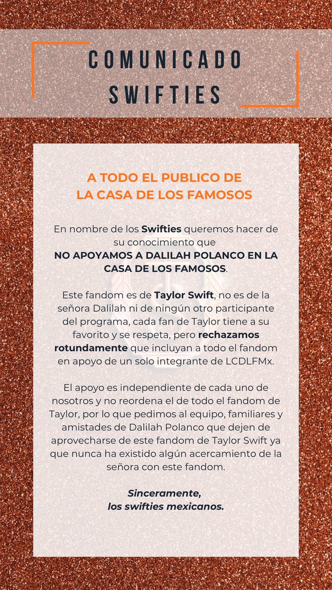 COMUNICADO DE LOS SWIFTIES SOBRE EL APOYO A UNA SOLA PARTICIPANTE DE #LaCasaDeLosFamososMx

Lo celebro, que el demonio ese no se ande colgando santos que no le corresponden 
 #LCDLFMX3 #LCDLFMX #LaCasaDeLosFamososMéxico