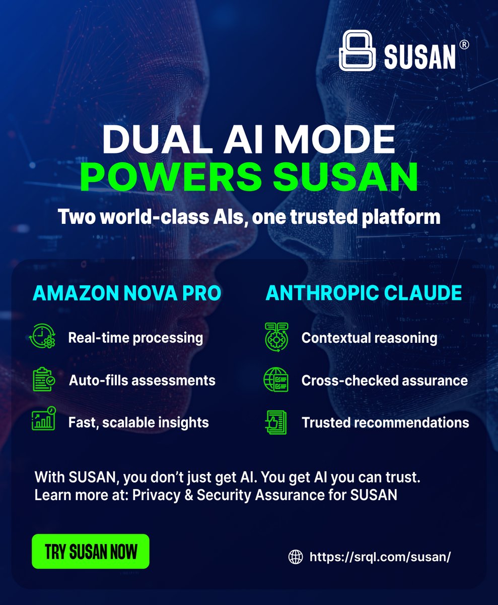 serv_qual's tweet photo. Dual AI Mode powers SUSAN — combining the speed of Amazon Nova Pro with the intelligence of Anthropic Claude.

#SUSAN #ServQual #DualAIMode #TrustedAI #AmazonNovaPro #AnthropicClaude #InfoSec #RiskManagement #ThreatIntelligence #IncidentResponse #ContinuousCompliance #ZeroTrust https://t.co/tBz8C1YF9c