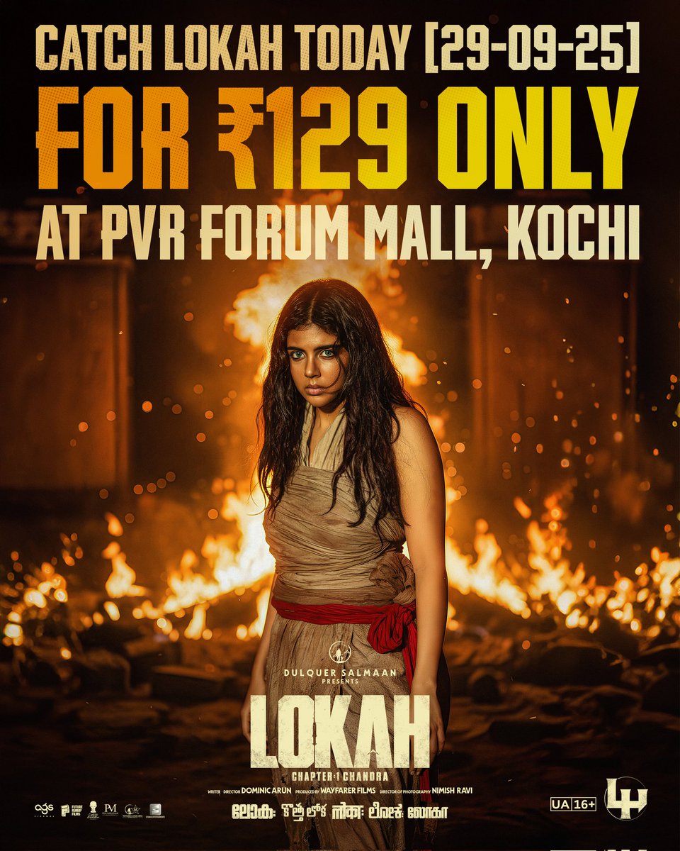 DQsWayfarerFilm's tweet photo. What a steal! Lokah Movie today at PVR Forum Mall Kochi for ₹129 Grab your tickets! https://t.co/AQgKbYrnKC