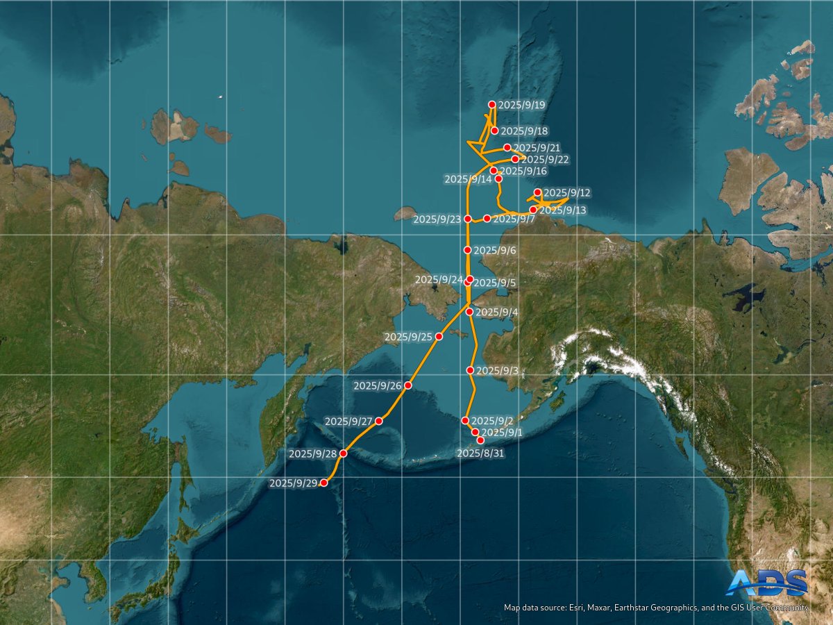 ADS_NIPR's tweet image. 2025年9月29日 13:00　今日のみらいと海氷状況
太平洋を南下中です。
ads.nipr.ac.jp/venus.mirai/#/…
#みらい北極航海2025, #MR2505C, #ArCS_III, #みらいtheFINAL