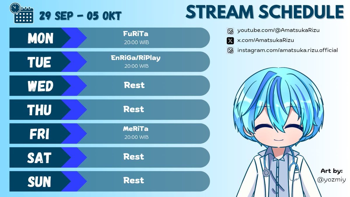 AmatsukaRizu's tweet photo. JADWALNYA YA GUYS (29 September - 05 Oktober 2025)
Hashtag for Amatsuka Rizu
Art: #Amatsukart
Clips: #Clipinzu
Schedule: #RiZched
Education:#HealthRizz
Gaming: #Riplay
Shorts: #Rishorts
Livestream: #RiLive
Fans name: Amoreizu
Join server discord: https://t.co/d7Gkfz7SJz https://t.co/l5RidzTnQ0