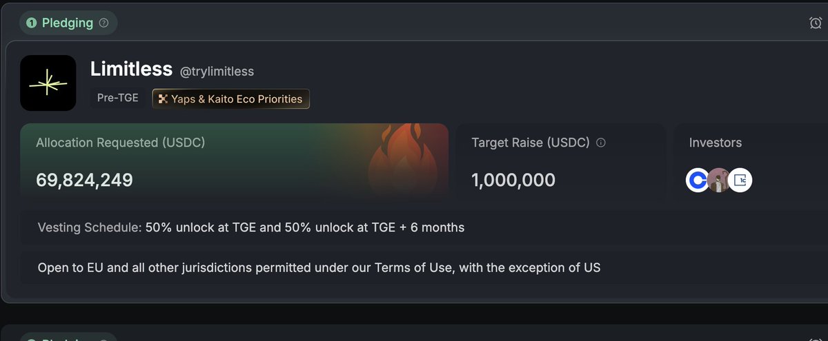 69X over pledged for <a href="/trylimitless/">Limitless</a>

So far the highest on the Kaito launchpad. 

coinbase invested in it .. are you ?
