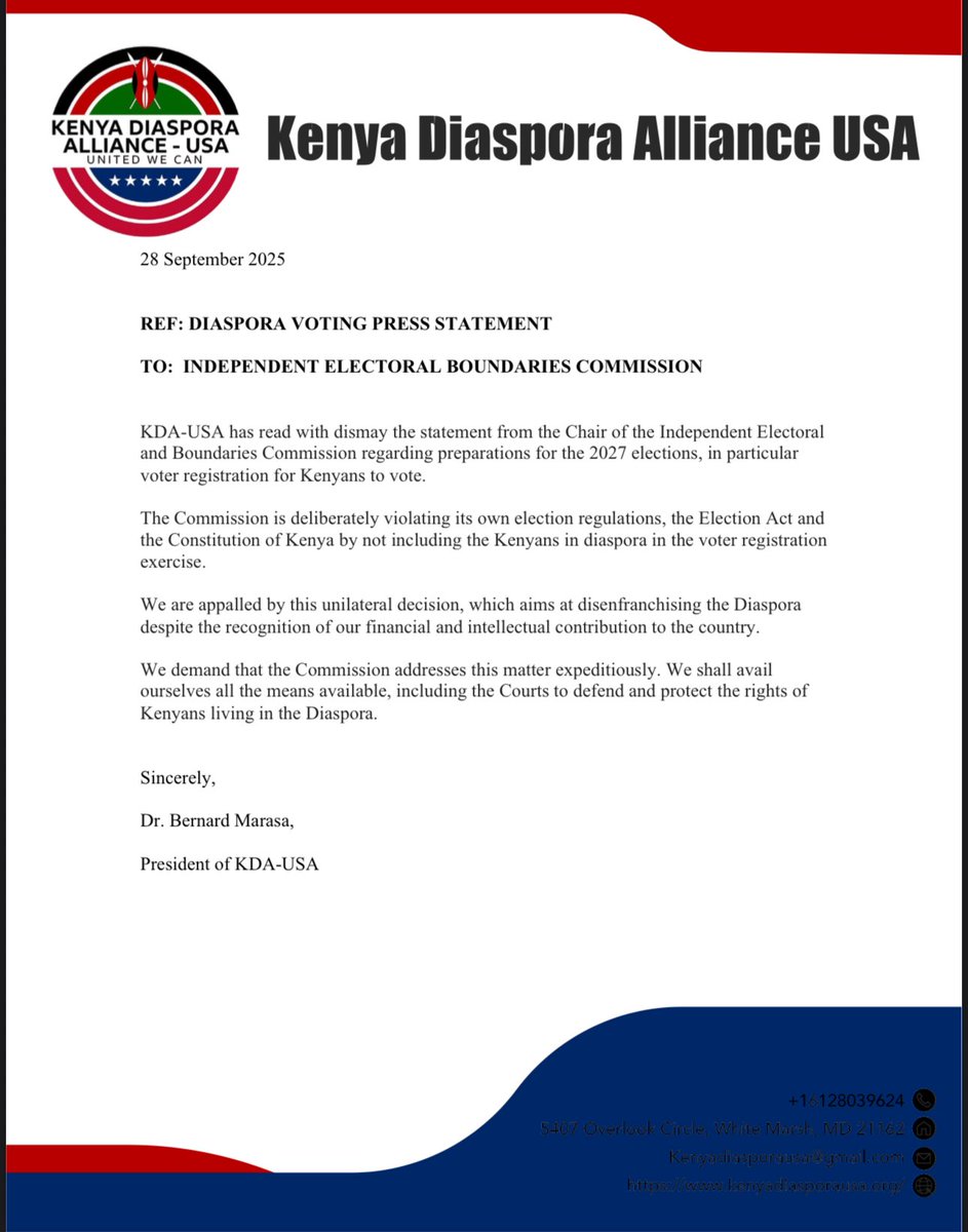 On behalf of the Kenyan diaspora in the USA <a href="/kenya_usa/">Kenya Diaspora Alliance-USA</a> we register our uttermost dissatisfaction with <a href="/IEBCKenya/">IEBC</a> with the planned registration of Kenyans to vote in upcoming 2027 election excluding diaspora again. Kenyan diaspora apparently is only good with remittances only!!