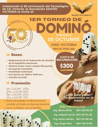 EXATECVictoria's tweet photo. La Asociación @EXATECVictoria A.C. te invita a participar en el emocionante Torneo de Dominó 🧱en celebración del 50 Aniv. del Instituto Tecnológico de #CiudadVictoria.
Este 5 de octubre a las 10 A.M. @CMICTamcentro 

¡No pierdas la oportunidad de celebrar este importante evento! https://t.co/SNeEA2lkhy