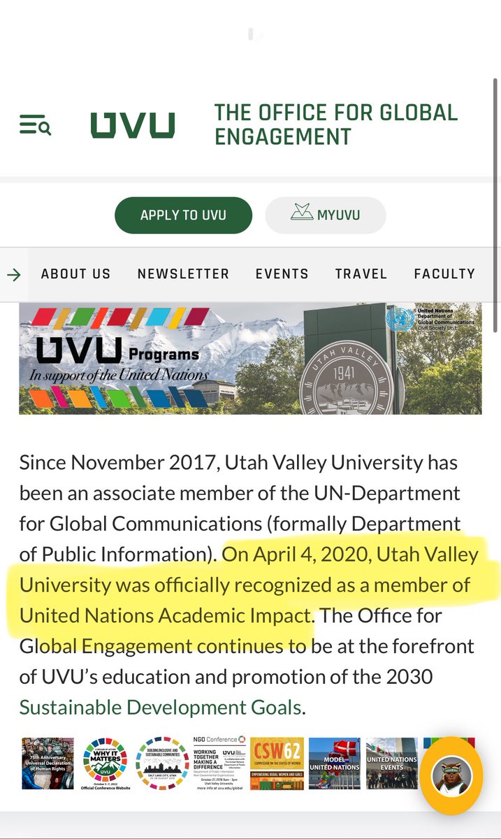 🚨 WAKE UP, Utah! 🚨 Utah Valley University (UVU) isn’t just some “affordable” college in Orem, it’s a straight-up UN puppet show that’s poisoning young minds with globalist garbage while patriots are MURDERED on campus! 

Back in 2019, UVU co-hosted the UN’s 68th Civil Society