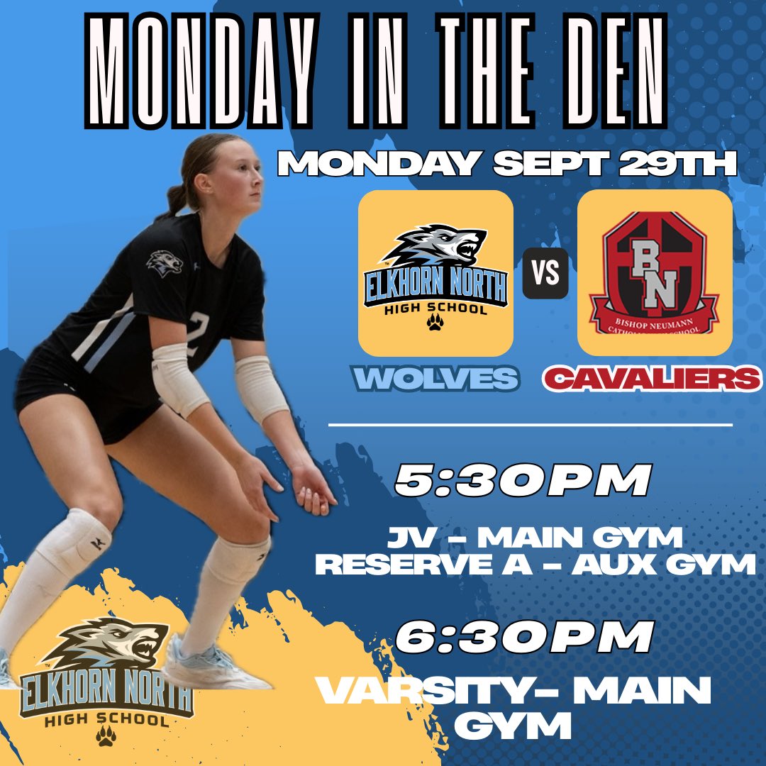 🐺🏐 It’s Monday and It’s GameDay — 
vs Bishop Neumann

🗓️ Monday September 29th
📍 The Wolf Den
🕠 5:30 — Reserve A (Aux) &amp; JV (Main)
🕡 6:30 — Varsity (Main)

Bring the noise, Wolves! #FinishTheMission