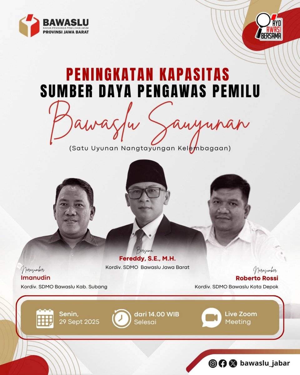 #SahabatBawaslu Bawaslu Jabar kembali menyelenggarakan kegiatan Bawaslu Sauyunan dengan menghadirkan narasumber dari Bawaslu Kabupaten Subang dan Bawaslu Kota Depok bersama Kordiv. SDMO Bawaslu Jabar.
🗓 Senin, 29 September 2025
⏰ Pukul 14.00 WIB – selesai
📍 Live Zoom Meeting