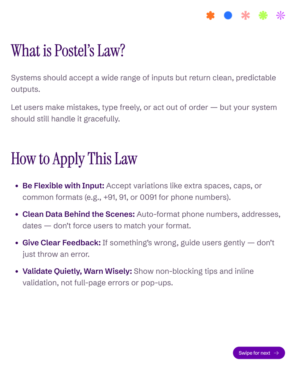 cx_deep_'s tweet image. “Ever entered your number with +91 and got an error? 😤 That’s where bad UX breaks trust.”

Postel’s Law reminds us — great design forgives user mistakes.
Don’t force users to “follow your rules.”
Instead, make your system smart enough to understand theirs.

✅ Accept flexible…