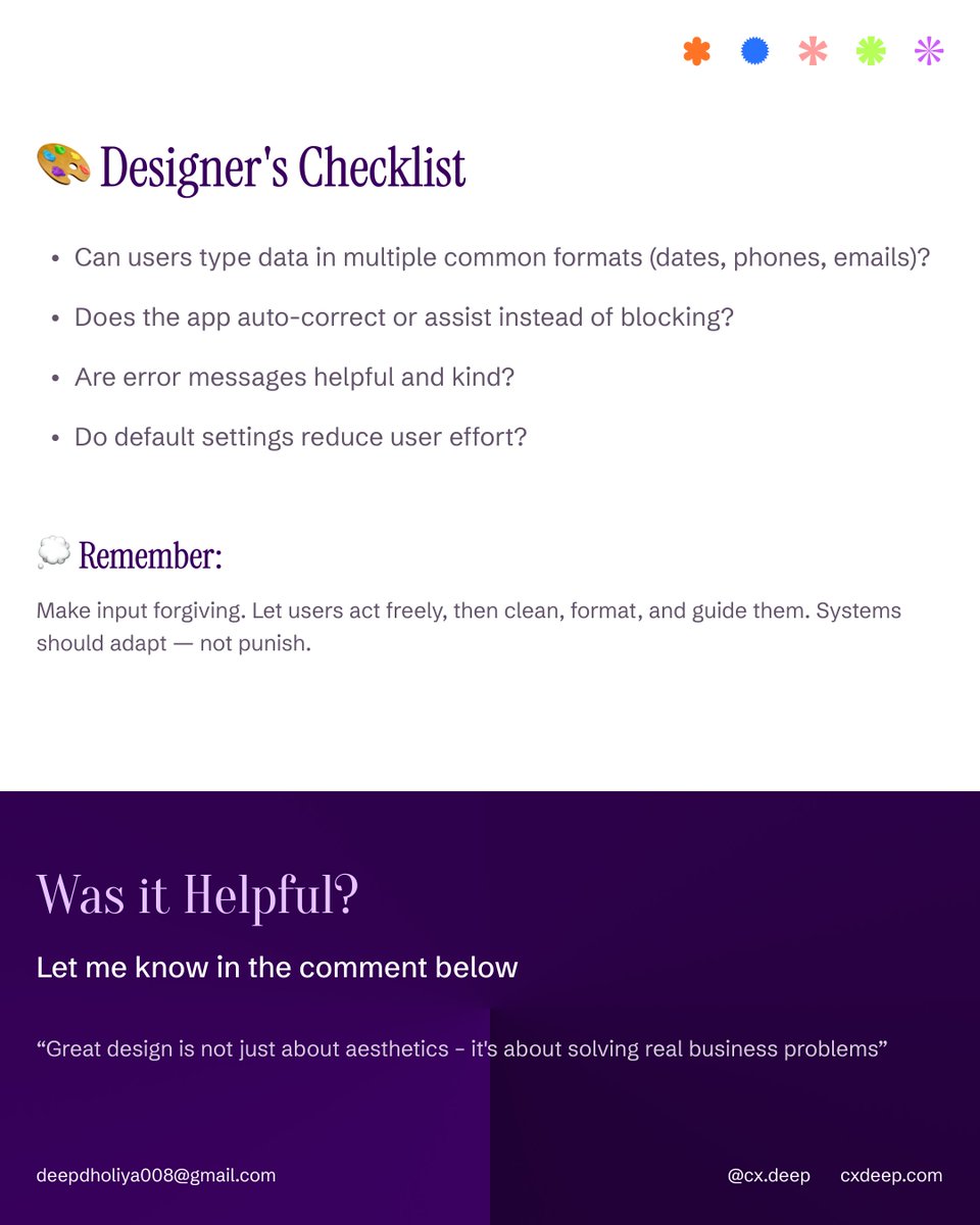 cx_deep_'s tweet image. “Ever entered your number with +91 and got an error? 😤 That’s where bad UX breaks trust.”

Postel’s Law reminds us — great design forgives user mistakes.
Don’t force users to “follow your rules.”
Instead, make your system smart enough to understand theirs.

✅ Accept flexible…