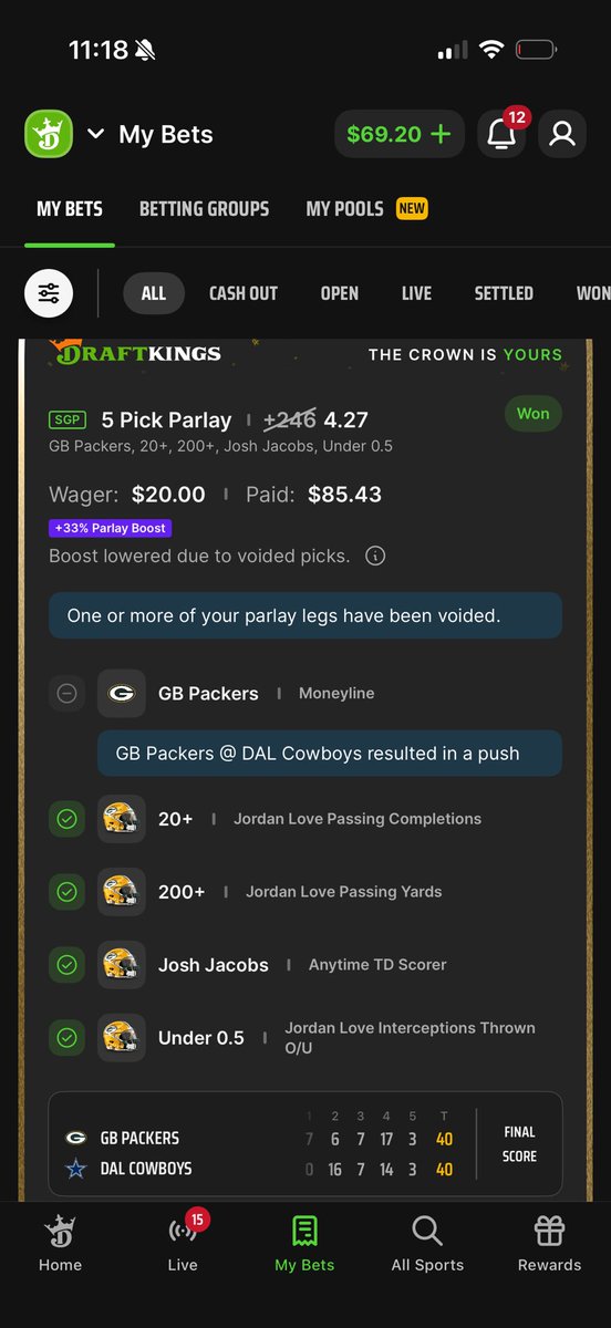 AngeIisco's tweet photo. @DKSportsbook The payout pre push was $101 post push it says it paid $85.43 but only $69.20 was added to my balance can I get some insight? https://t.co/pnxFRyVoFq