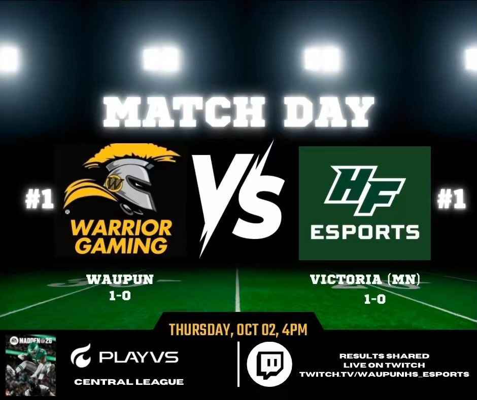 waupunhs_esport's tweet photo. Waupun Warrior Gaming enters @playvs Week 2! Catch us on Twitch: https://t.co/KkugYqjg2f #HSEsports #WarriorPride #HoCoWeek https://t.co/P5YVhEyYSo