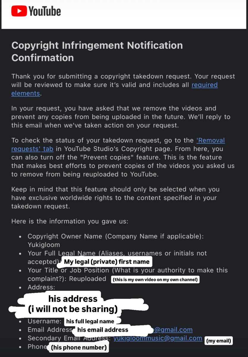 yukigloom's tweet image. Hey @TeamYouTube. I&apos;ve just been notified that a stalker has requested a takedown of my video, while impersonating me? He used my email, artist name + legal first name in a request stating under penalty of perjury that he&apos;s me. 
 
He&apos;s been harassing me + my friends lots

RT pls